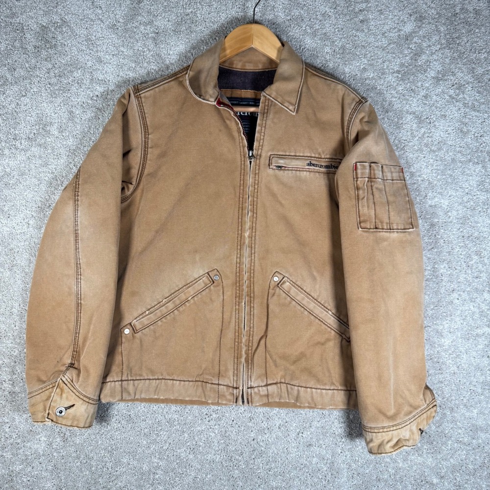 VTG Y2K Abercrombie Boys XL Tan Canvas Blanket‎ Lined Work Utility Jacket